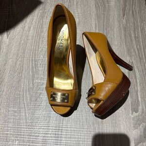 Michael Kors Gold and Tan Peep-Toe Heels